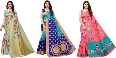 YASHIKA Printed, Woven Mysore Art Silk Saree(Pack of 3, Light Green, Blue, Pink)
