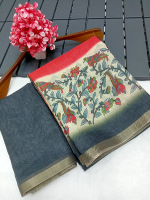 HouseOfCommon Floral Print Kanjivaram Linen, Cotton Linen Saree(Multicolor)