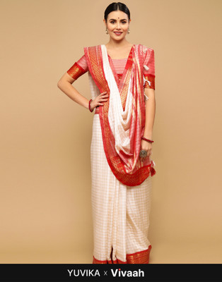 Divastri Embellished, Woven, Checkered Kanjivaram Silk Blend Saree(White, Red)