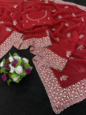 CHAMUNDA CREATION Embroidered Bollywood Organza Saree(Red)