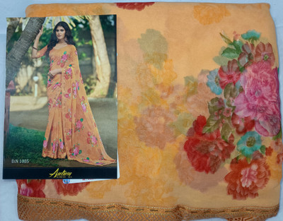 Kayaan Floral Print Bollywood Chiffon Saree(Orange)