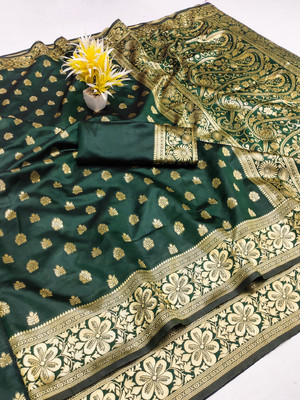 GajGajra Woven Kanjivaram Silk Blend Saree(Green)