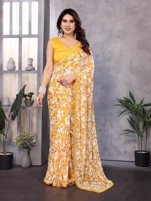 NIRMOHIFASHION Printed Bollywood Georgette Saree(Yellow, White)