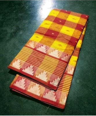 Anita Checkered, Woven Tant Pure Cotton Saree(Yellow)