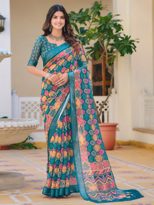 Anouk Rustic Digital Print Chinnalapattu Cotton Linen Saree(Blue)