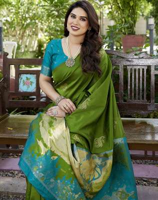 YASHIKA Woven Chettinadu Cotton Silk Saree(Green)