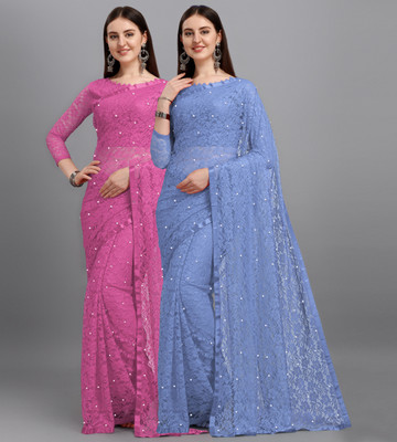 LOROFY Self Design Bollywood Net, Brasso Saree(Pack of 2, Multicolor)