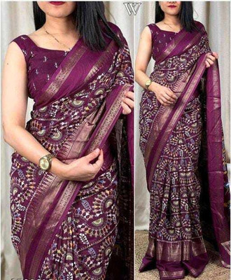 Vishwa Vijay Creation Printed Chanderi Chiffon Saree(Purple)