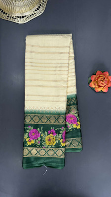 RegalDrapes Printed, Striped Mysore Crepe Saree(Dark Green)