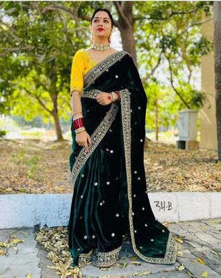 Bharodiya Enterprises Solid/Plain Bollywood Velvet Saree(Green)
