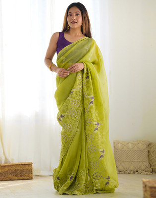 Satrani Embroidered, Embellished Bollywood Silk Blend Saree(Green, Mustard)