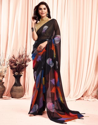 SIRIL Floral Print, Embellished Daily Wear Georgette Saree(Black)