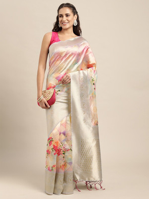 Leeza Store Floral Print Banarasi Cotton Silk Saree(Multicolor)