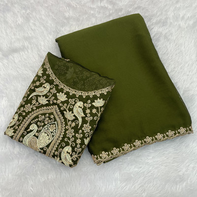 2SD gratitude Embroidered Chanderi Chiffon, Art Silk Saree(Green)