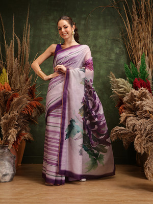 SILK ZONE Digital Print Chanderi Cotton Blend Saree(Purple)