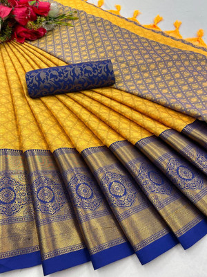 JEANITA FASHION Woven, Floral Print, Temple Border Bollywood Cotton Silk Saree(Yellow, Blue)