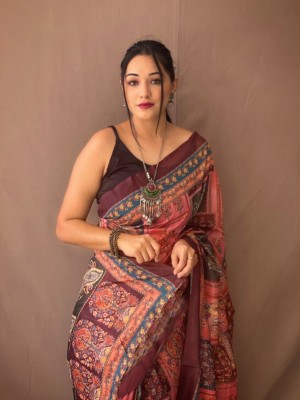 ShivGori Digital Print Bollywood Cotton Linen Saree(Pink)