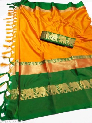 KCPC Woven Kanjivaram Pure Silk Saree(Green, Yellow)