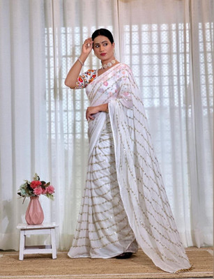 emzo Embroidered Bollywood Georgette Saree(White)
