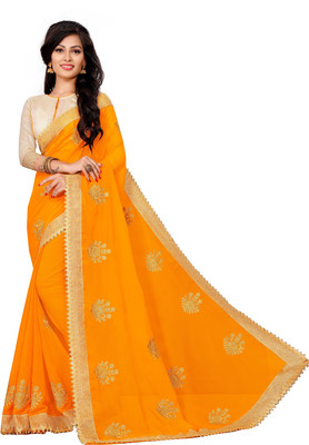 QUEDDY'S Embroidered Bollywood Georgette Saree(Mustard)