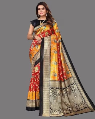 Kanooda Prints Floral Print Mysore Art Silk Saree(Red)