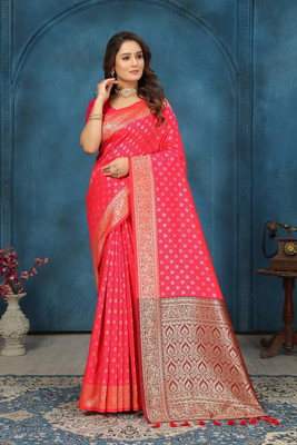 GARIYA Woven, Self Design, Temple Border Banarasi Silk Blend Saree(Pink)