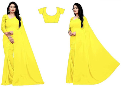 JiproStore Solid/Plain Bollywood Georgette Saree(Yellow)