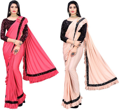 HouseOfCommon Solid/Plain Bollywood Lycra Blend Saree(Pack of 2, Multicolor)