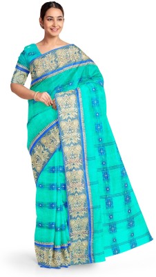 Happy Creation Embroidered Tant Handloom Cotton Blend, Pure Cotton Saree(Light Blue, Gold)