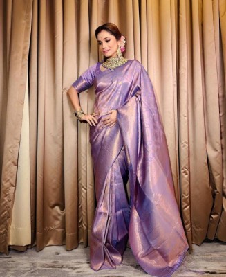 ESOMIC Striped Banarasi Pure Silk Saree(Purple)