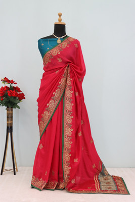 KHRITI FAB Embroidered Bollywood Pure Silk Saree(Multicolor)