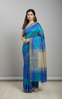 Fabloom Floral Print, Printed, Solid/Plain Handloom Tussar Silk Saree(Blue)