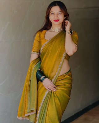 HouseOfCommon Embroidered Bollywood Chiffon Saree(Mustard)