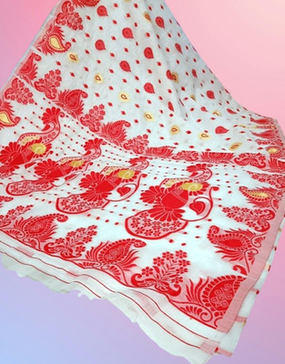 Kanokanjoli Printed Jamdani Handloom Cotton Blend Saree(White, Red)
