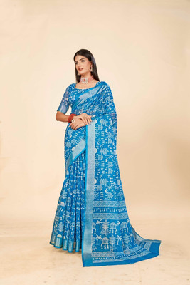 Ethnic Trendz Digital Print Saree with Attached Blouse Cotton Linen Saree(Blue)