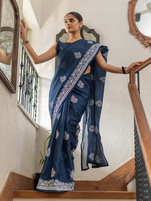 Anouk Rustic Woven Daily Wear Cotton Blend Saree(Blue)