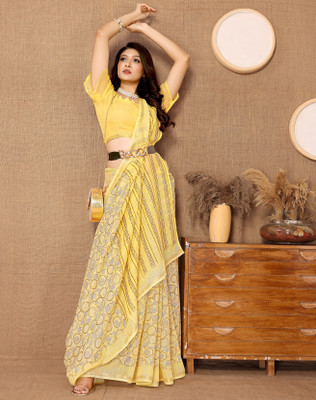 YASHIKA Printed Bandhani Cotton Blend Saree(Yellow)