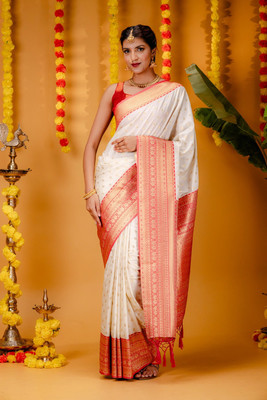 Julee Woven Banarasi Pure Silk Saree(Red, White)
