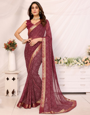 YASHIKA Printed Bandhani Georgette, Lace Saree(Maroon)