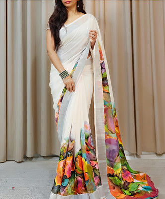 VCREATION Digital Print Bollywood Cotton Linen Saree(White)