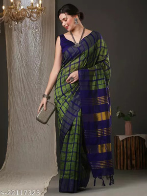 Soor Panchi Solid/Plain Banarasi Cotton Blend Saree(Light Green)