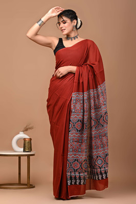 Printed Threads Printed Daily Wear Pure Cotton Saree(Maroon)
