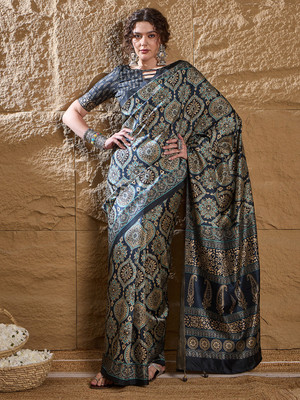ANOUK Digital Print Daily Wear Silk Blend Saree(Dark Blue)