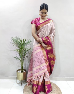 KV Fashion Embellished Banarasi Silk Blend Saree(Multicolor, Pink)