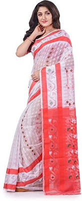 Desh Bidesh Floral Print Tant Handloom Pure Cotton Saree(White)