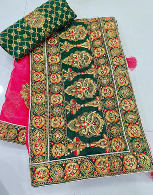 Anjani Textile Embroidered, Embellished Bollywood Silk Blend Saree(Pink)