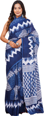 DASTKARPRINT Printed, Color Block, Blocked Printed, Floral Print, Dyed Daily Wear Pure Cotton Saree(Blue)