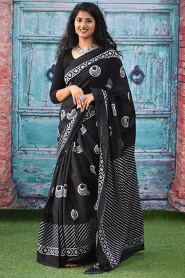 Clothonus Hand Painted, Printed, Self Design Ikkat Pure Cotton Saree(Black)