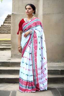 ADIVASI SHOP Solid/Plain Handloom Cotton Blend Saree(White, Red)