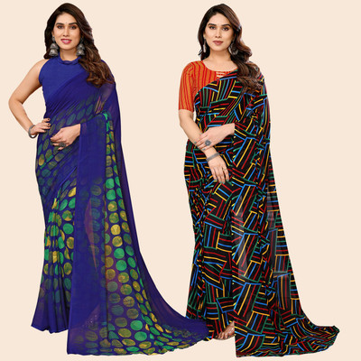kashvi sarees Self Design, Printed Daily Wear Georgette Saree(Pack of 2, Blue, Multicolor)